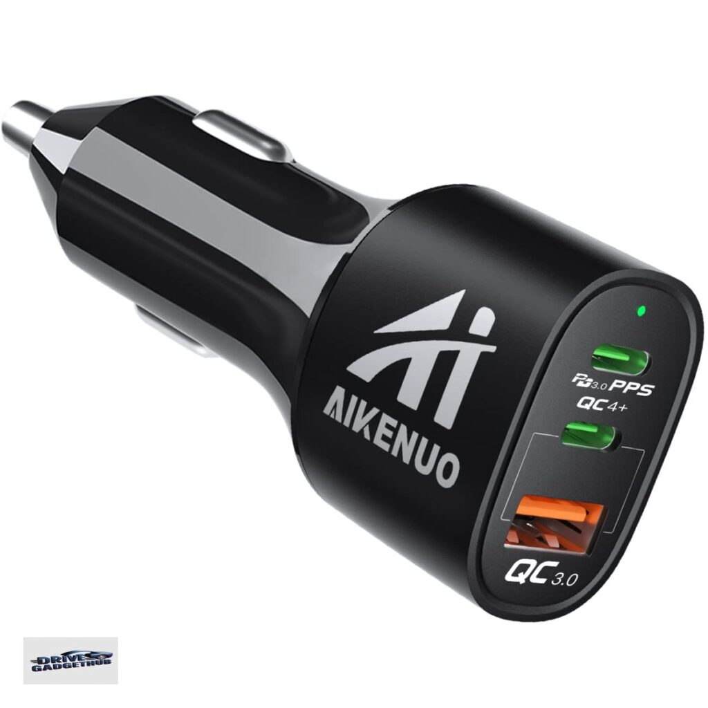 AIKENUO Multi-Port QC 3.0 dual USB-C car charger powering multiple devices simultaneously