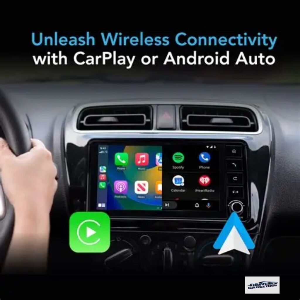 AutoSky Wireless CarPlay Adapter showing both CarPlay and Android Auto on a car stereo