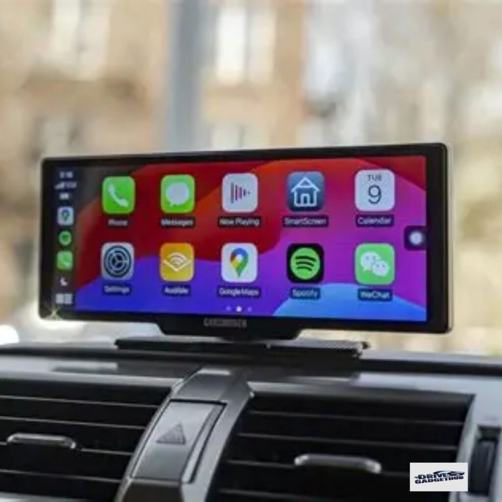 Car and Driver Intellidash Pro X10 large touchscreen wireless CarPlay Android Auto upgrade in a car dashboard