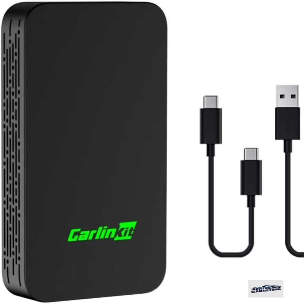 Carlinkit 5.0 wireless CarPlay adapter with USB-C cable connecting to a vehicle stereo