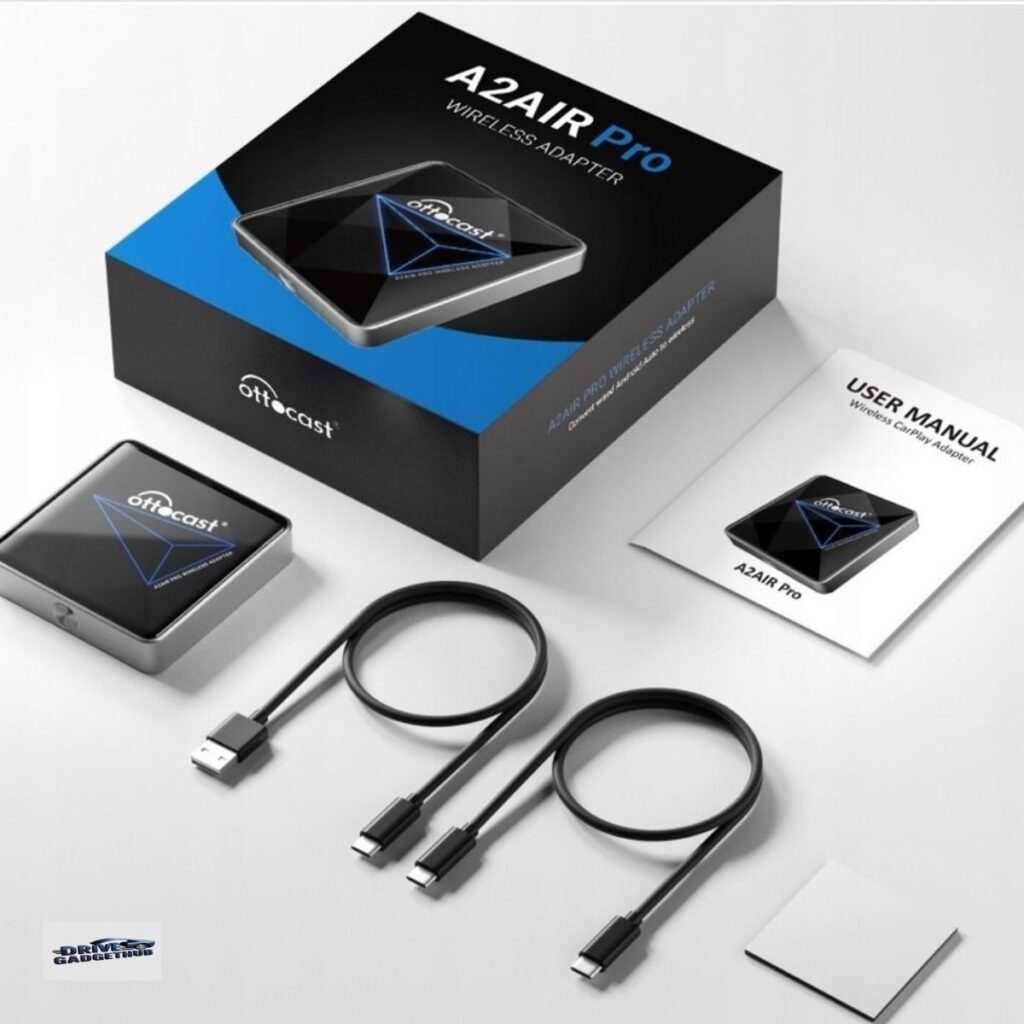 Ottocast A2Air Pro wireless CarPlay and Android Auto adapter plugged into a car USB port