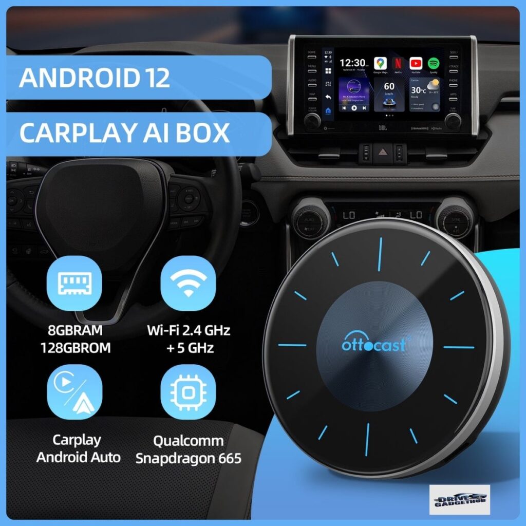 Ottocast AI Box Nano wireless CarPlay AI box showing Android interface on a car screen