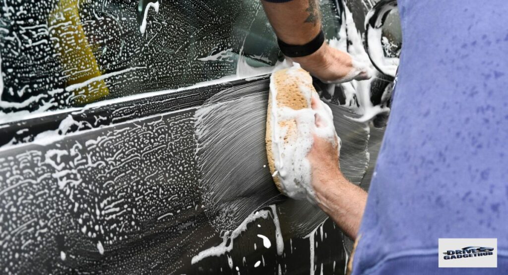 Soft Touch Car Wash Using Foam Brushes on Vehicle Exterior