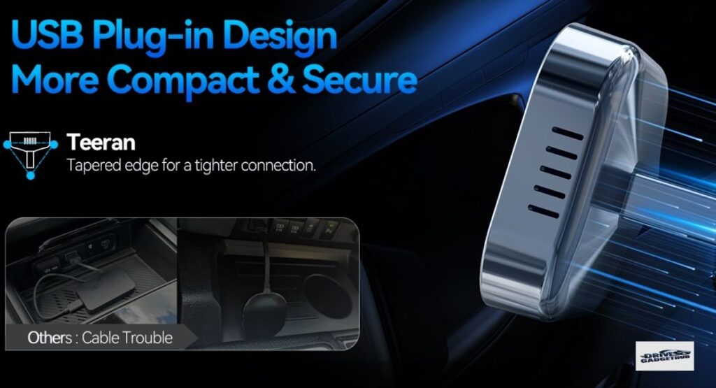 Teeran Wireless CarPlay Adapter connected to a car USB port for wireless Apple CarPlay